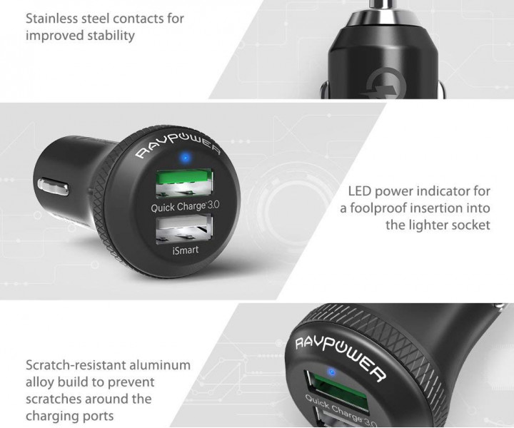 RAVPower USB Car Charger 2xUSB Qualcomm Quick Charge 3.0 36W Black (RP-VC007)